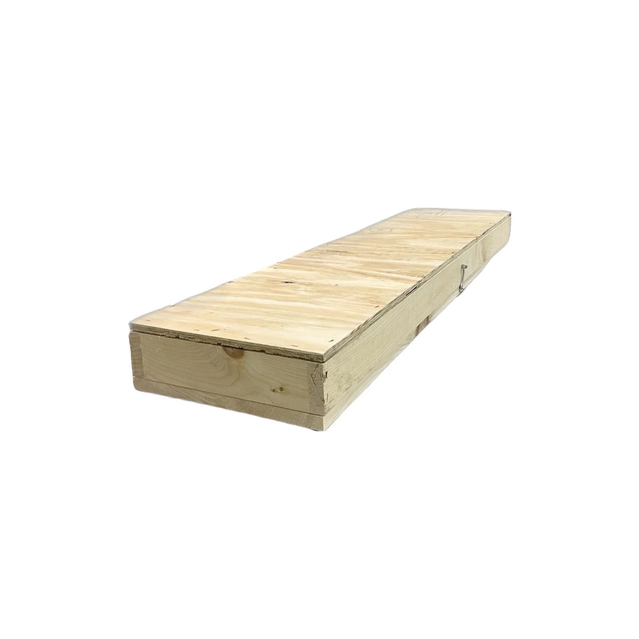A long wooden box with the lid open