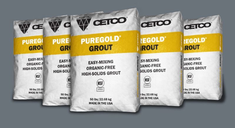 Five bags of puregold grout are lined up in a row