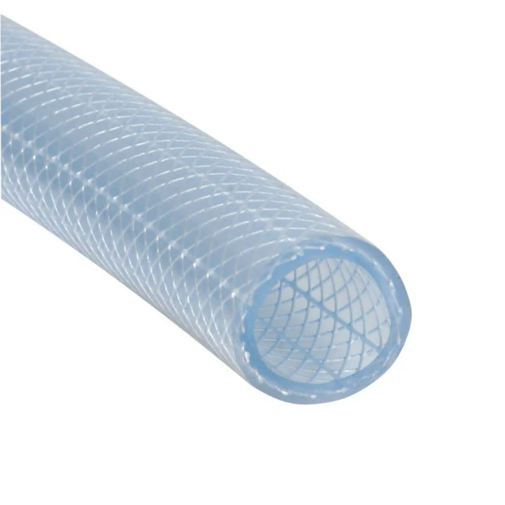 A close up of a clear plastic hose on a white background