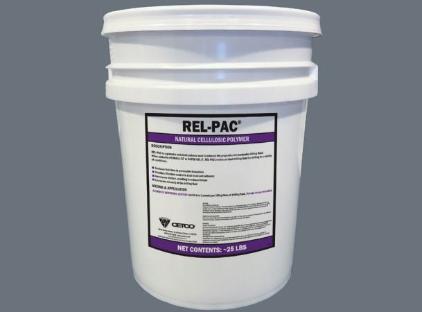 A white bucket with a purple label that says relac