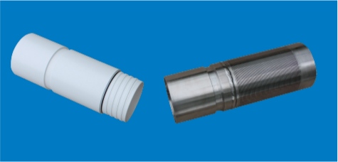 A white tube and a stainless steel tube on a blue background