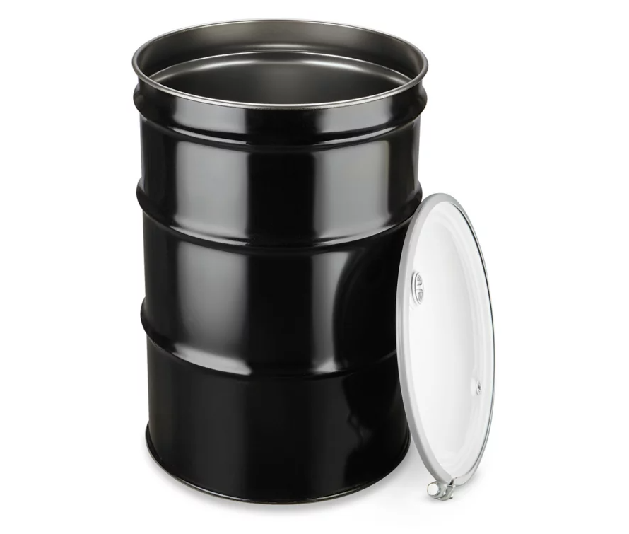 A black barrel with a white lid on a white background