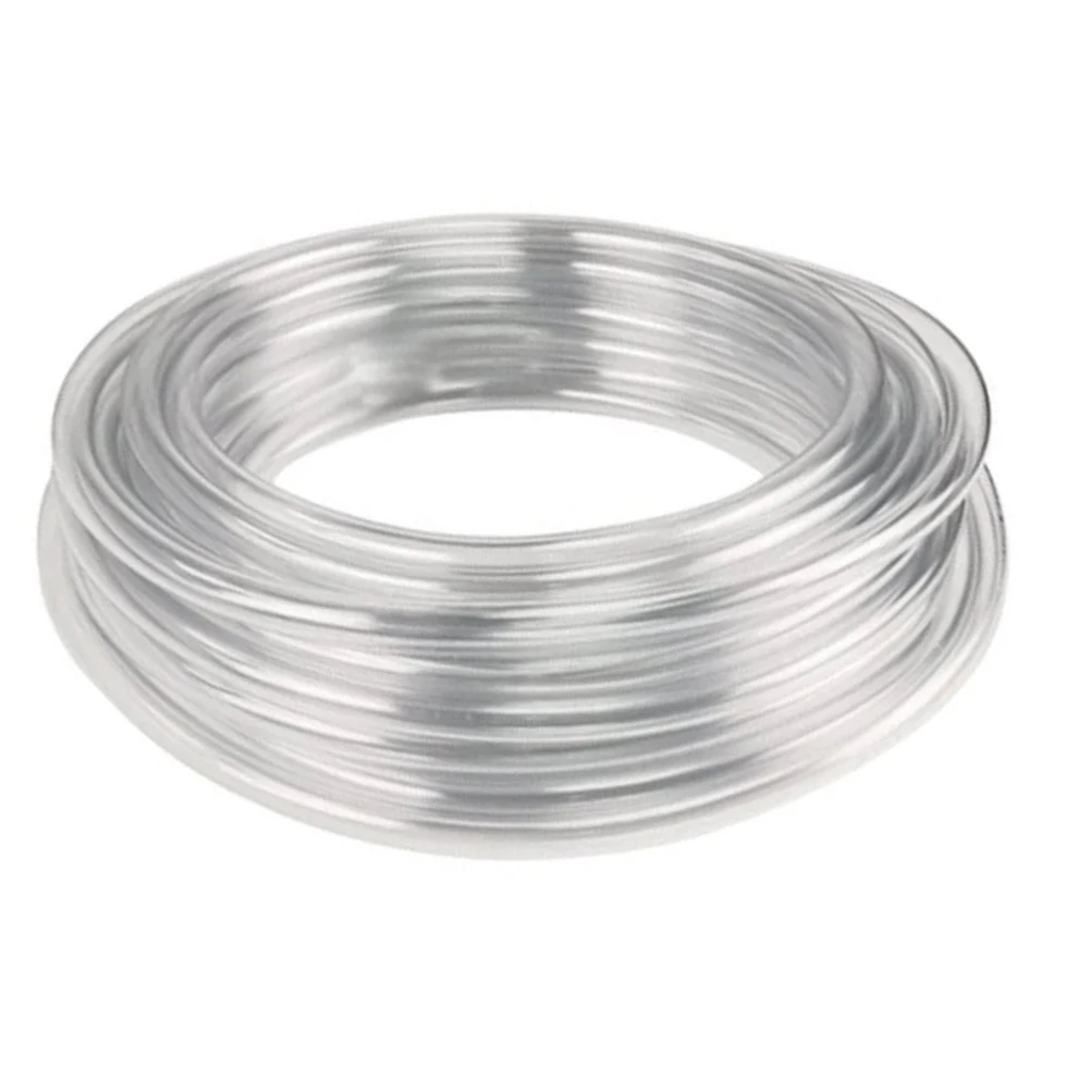 A roll of clear plastic hose on a white background.