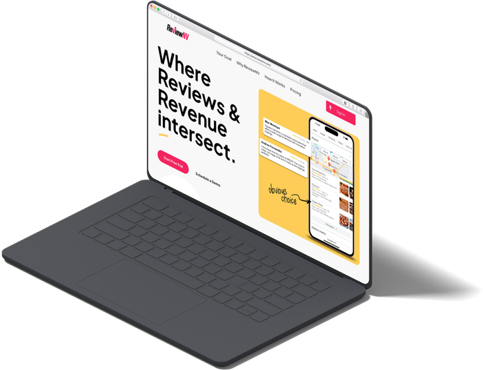 A laptop is open to a website that says where reviews and revenue intersect.