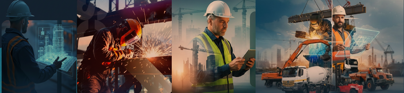 Trabajadores industriales con cascos inspeccionando trabajos de soldadura y construcción en un entorno fabril.