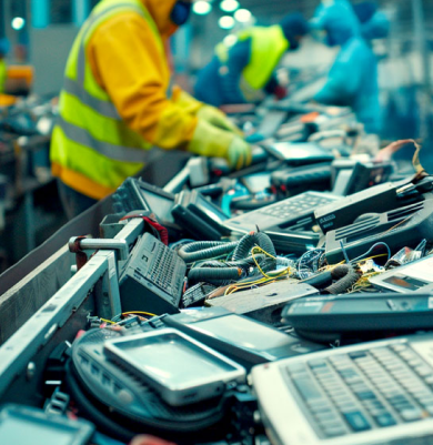 Trabajadores clasificando aparatos electrónicos desechados en una cinta transportadora en una planta de reciclaje de residuos electrónicos.