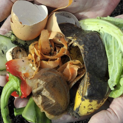 Manos sosteniendo restos de comida, incluyendo cáscaras de plátano, cáscaras de huevo y recortes de verduras, para compostar.