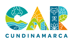 Logotipo colorido de CUNDINAMARCA con letras rellenas de paisajes, árboles y motivos acuáticos.