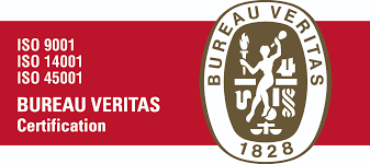 Logotipo de certificación de Bureau Veritas con fondo rojo, texto ISO 9001/14001/45001 y sello ovalado.