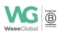 Logotipo de WeeeGlobal en color verde azulado y gris con insignia de Empresa B Certificada sobre fondo blanco.