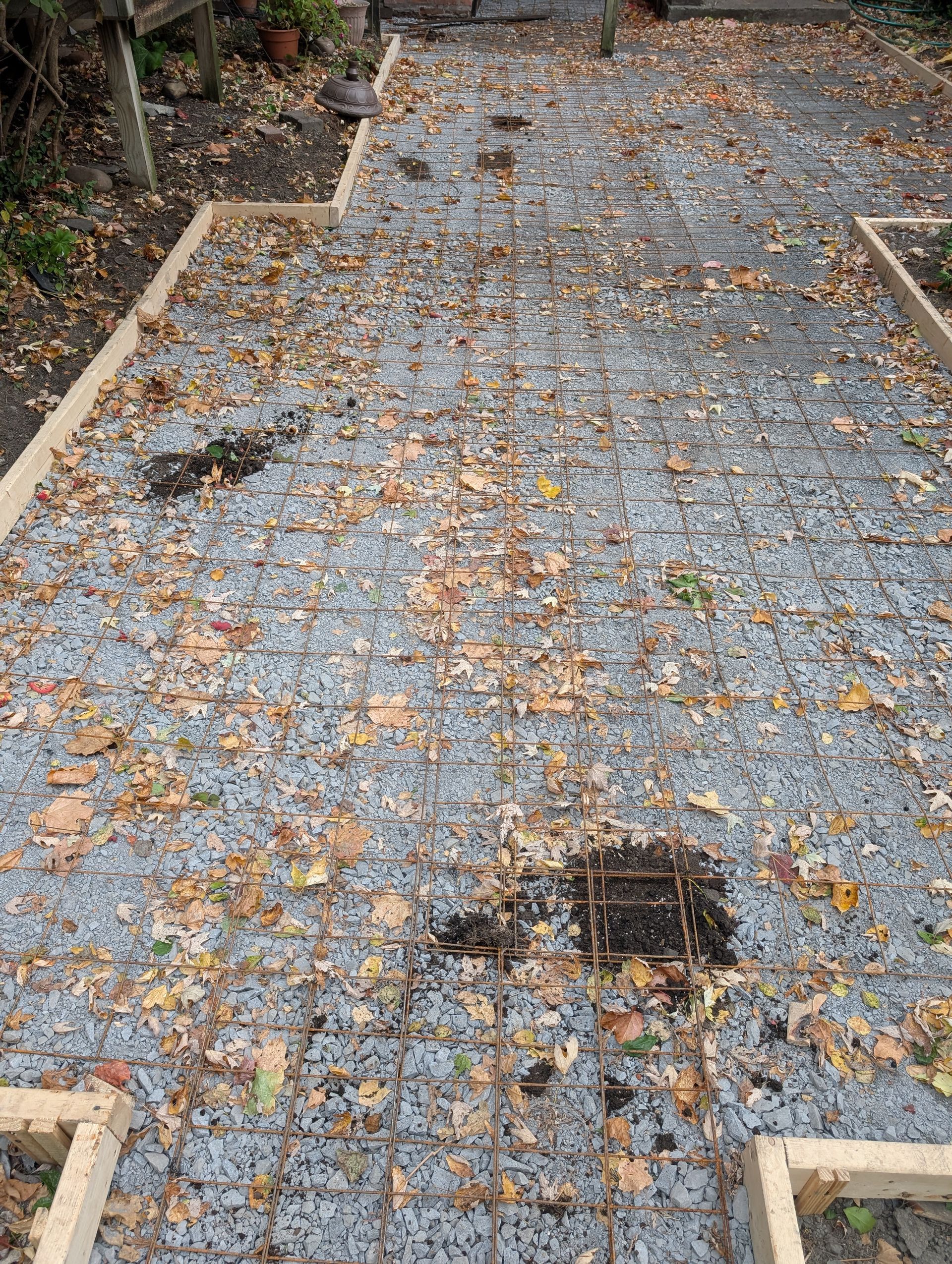 A patio with a lot of leaves on it.