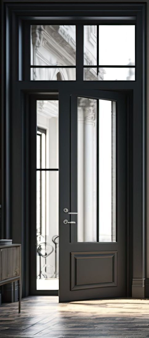 Une porte avec beaucoup de fenêtres est ouverte dans une pièce.