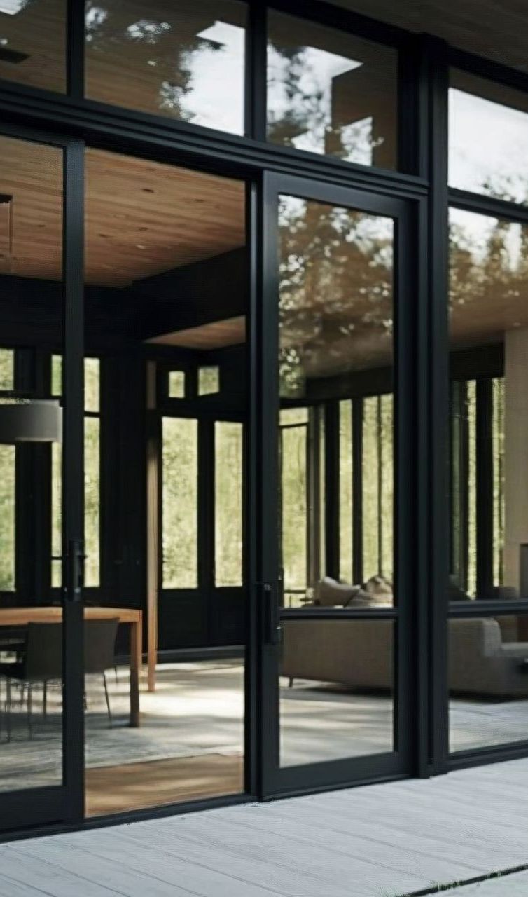 Une maison avec beaucoup de fenêtres et de portes coulissantes en verre