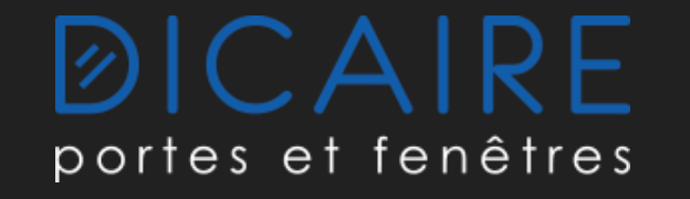 Logo pour DICAIR portes et fenêtres en lettres bleues sur fond noir.
