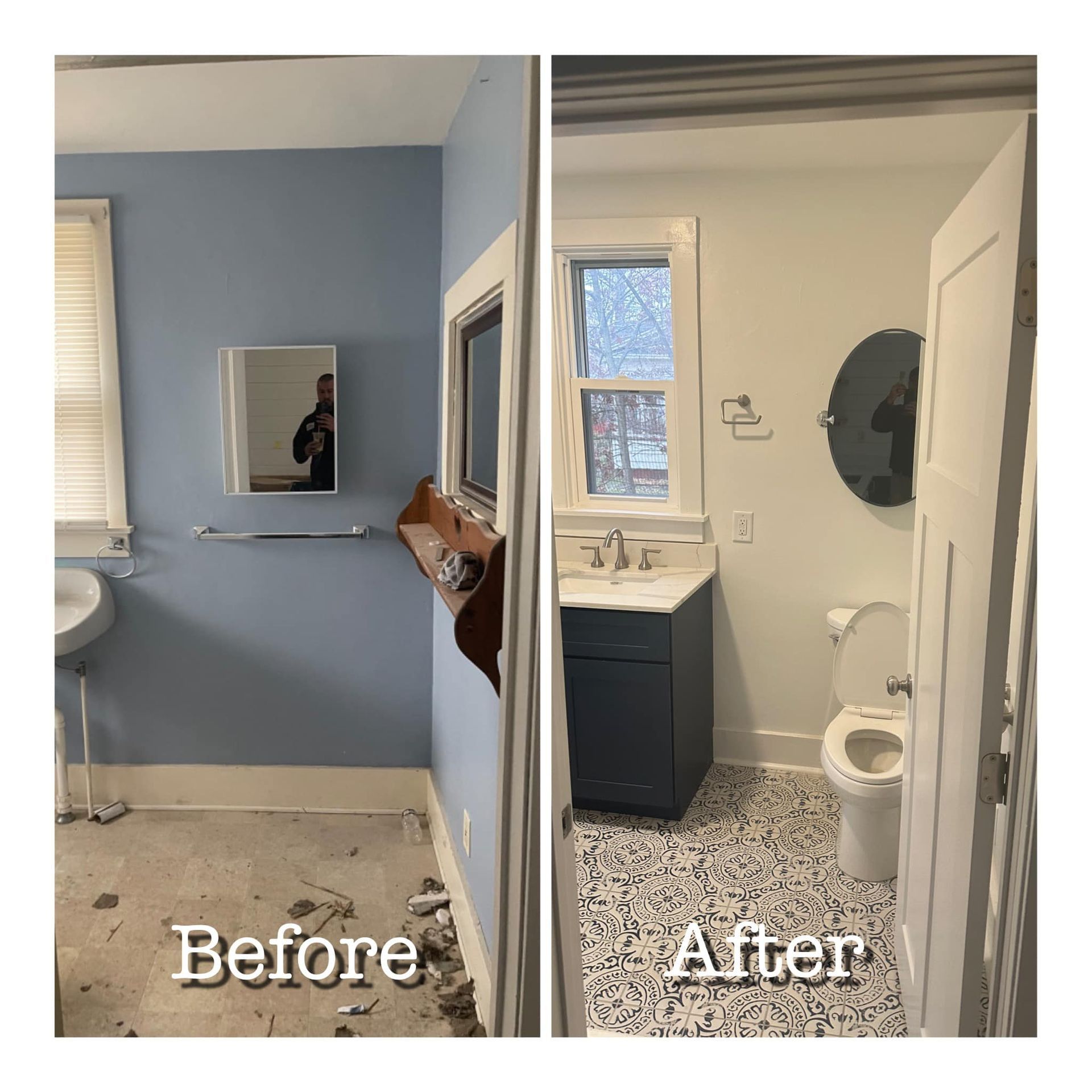 Bathroom before-and-after remodel: blue cramped space becomes bright, white, and updated.