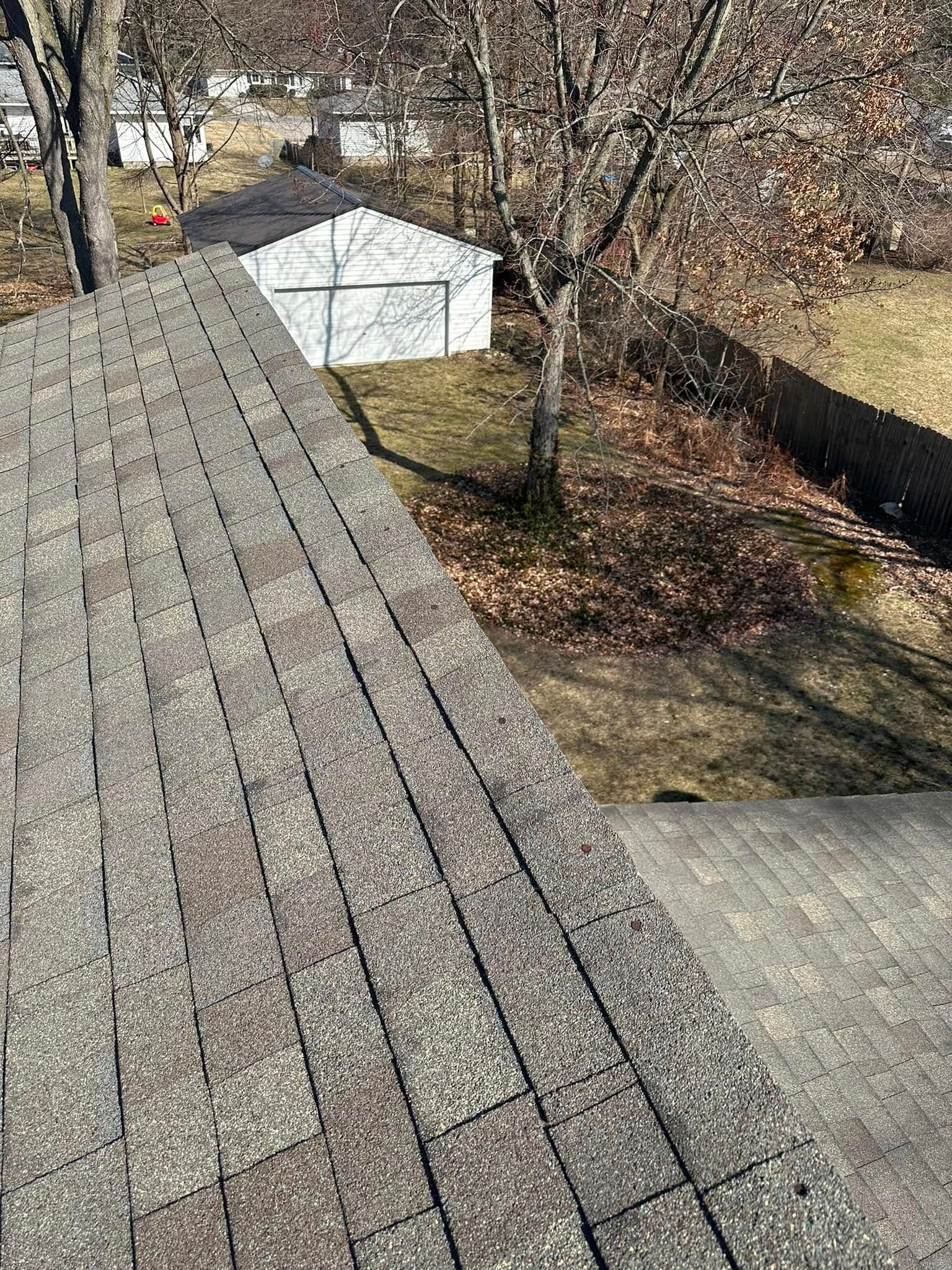 Shingled rooftop with a white shed and leafless trees in a yard below