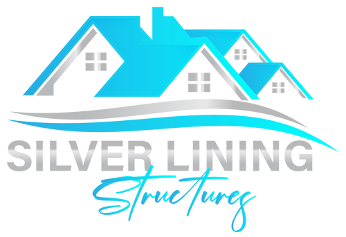 A light blue and silver logo for Silver Lining Structures featuring a stylized house icon over the company name.