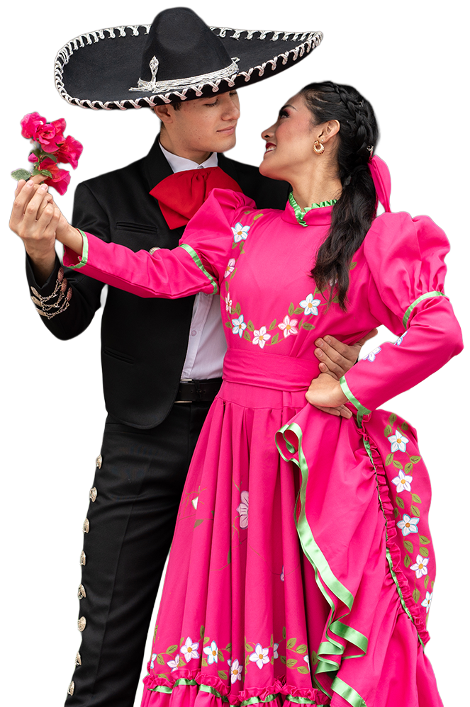 Mariachi couple dancing; man in black suit and sombrero, woman in pink dress holding flowers, smiling.