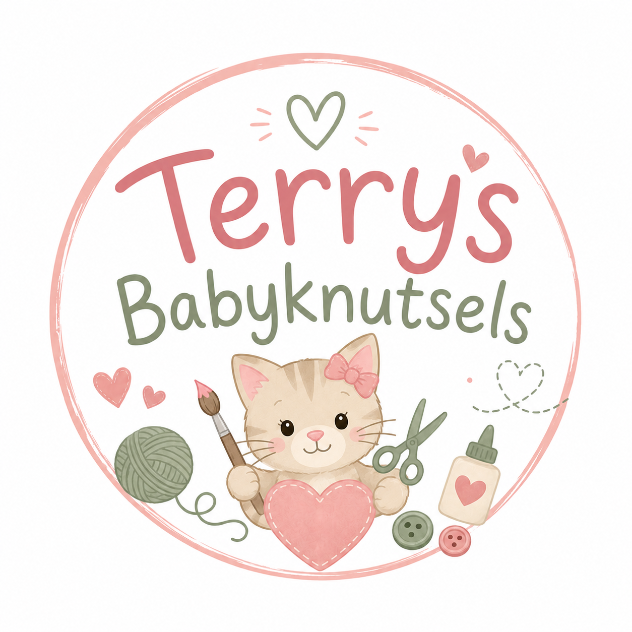 Logo voor Terry's Babyknutsels met een schattig katje, garen, schaar, knoopjes en een roze hartje in een cirkel.