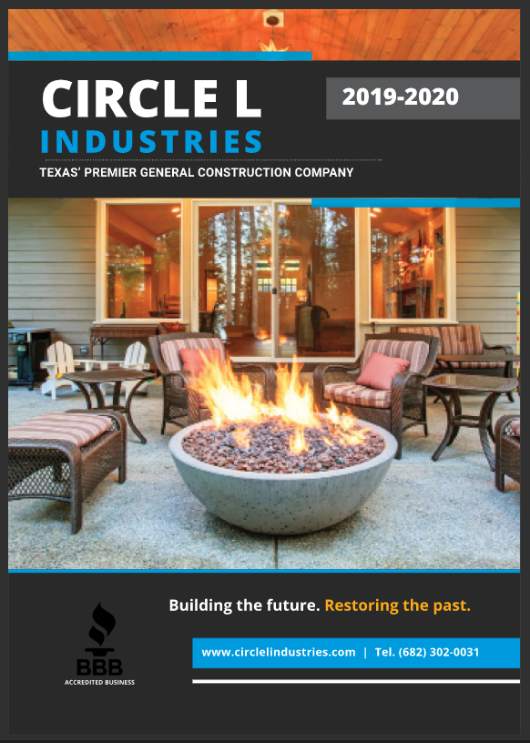 A brochure for Circle l industries shows a fire pit in front of a house.