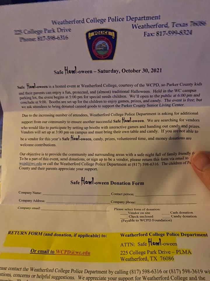 A person is holding a letter from the Weatherford college police department