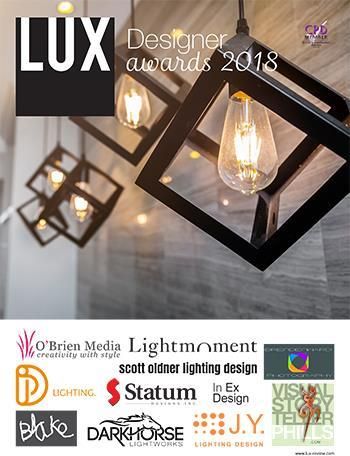 A poster for the lux designer awards 2018 with a picture of a light fixture on the cover.