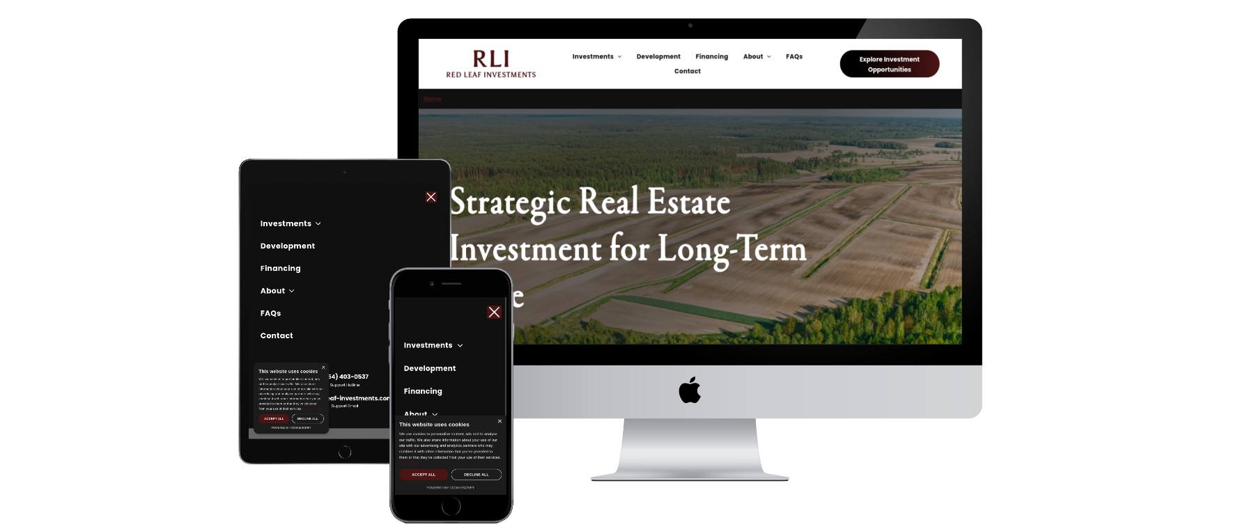 Website displayed on desktop, tablet, and smartphone. Strategic real estate investment for long-term on screen.