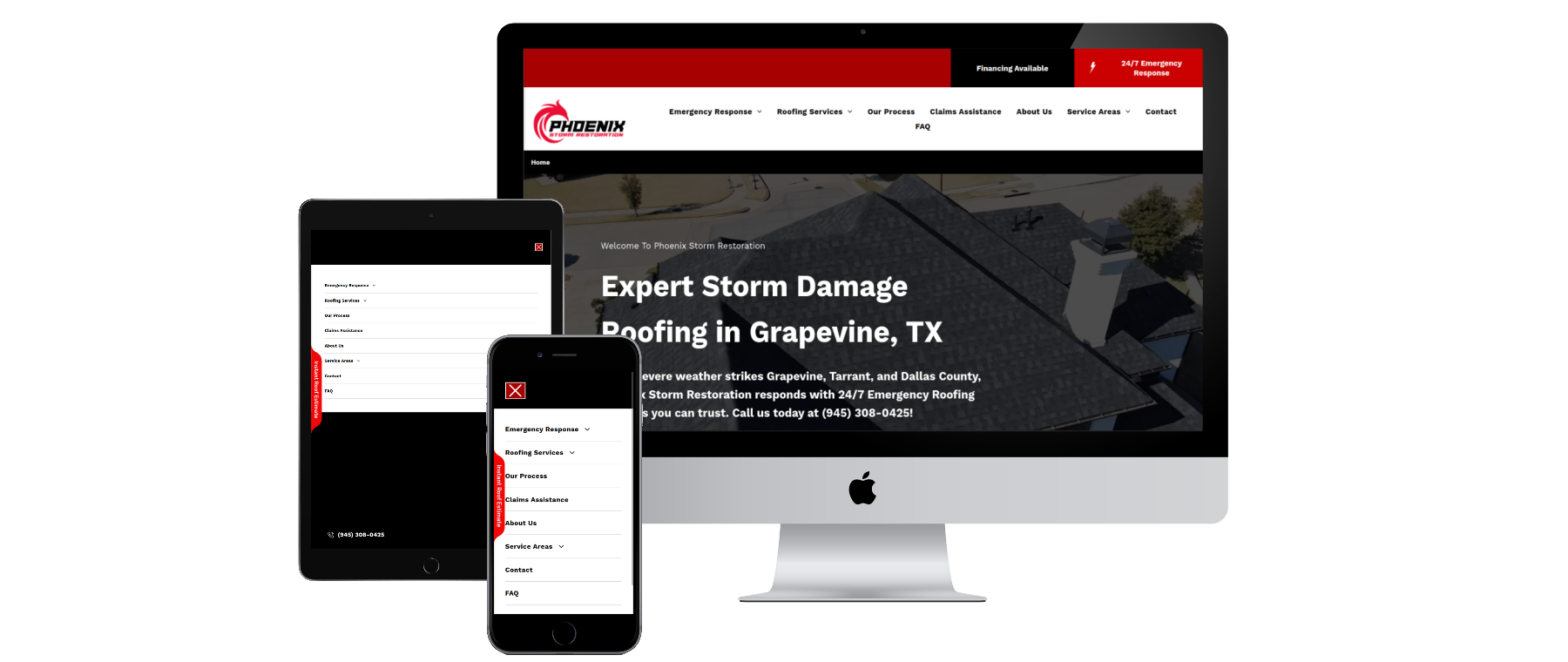 Website on a desktop, tablet, and smartphone. Website home page on a desktop with red accents, tablet and phone in portrait view.