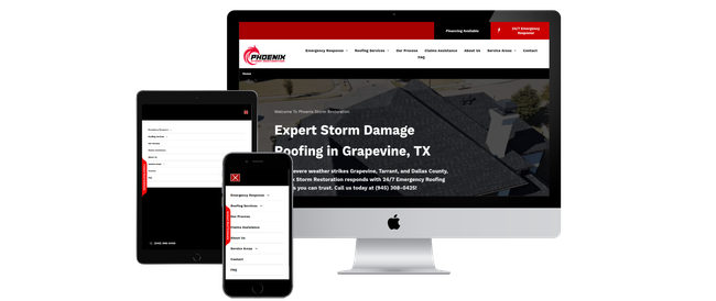Website design displayed on a computer, tablet, and smartphone, all showing the same roofing website.
