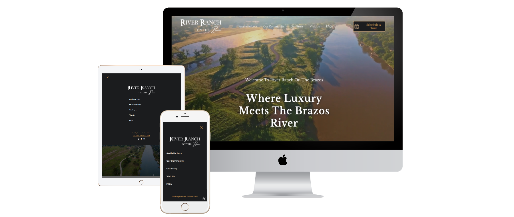 Website on various devices: desktop, tablet, and smartphone; displaying a river scene with text 
