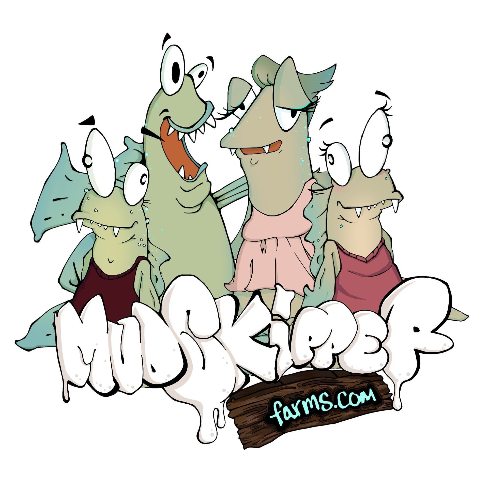 A group of cartoon characters standing next to each other and the words mudskier farms.com