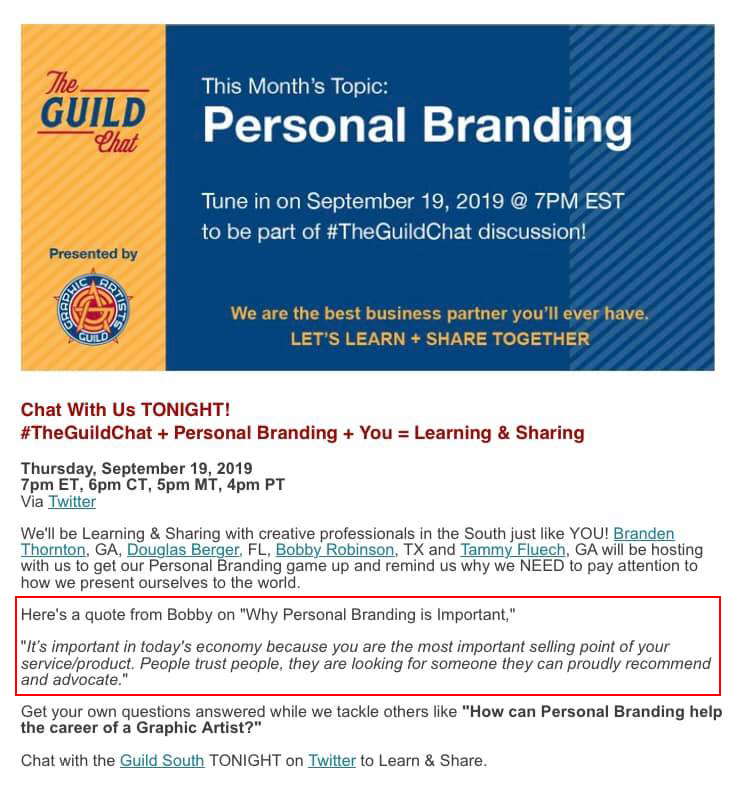 A flyer for the guild chat about personal branding