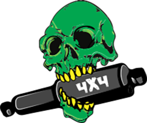 A green skull is holding a bottle that says 4x4