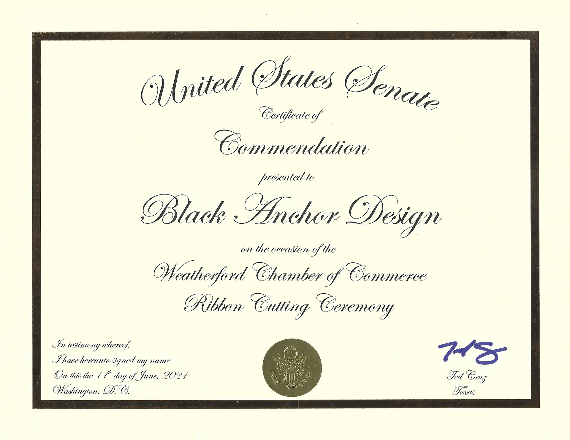 Certificate of Commendation from the U.S. Senate presented to Black Anchor Design for a ribbon cutting ceremony.