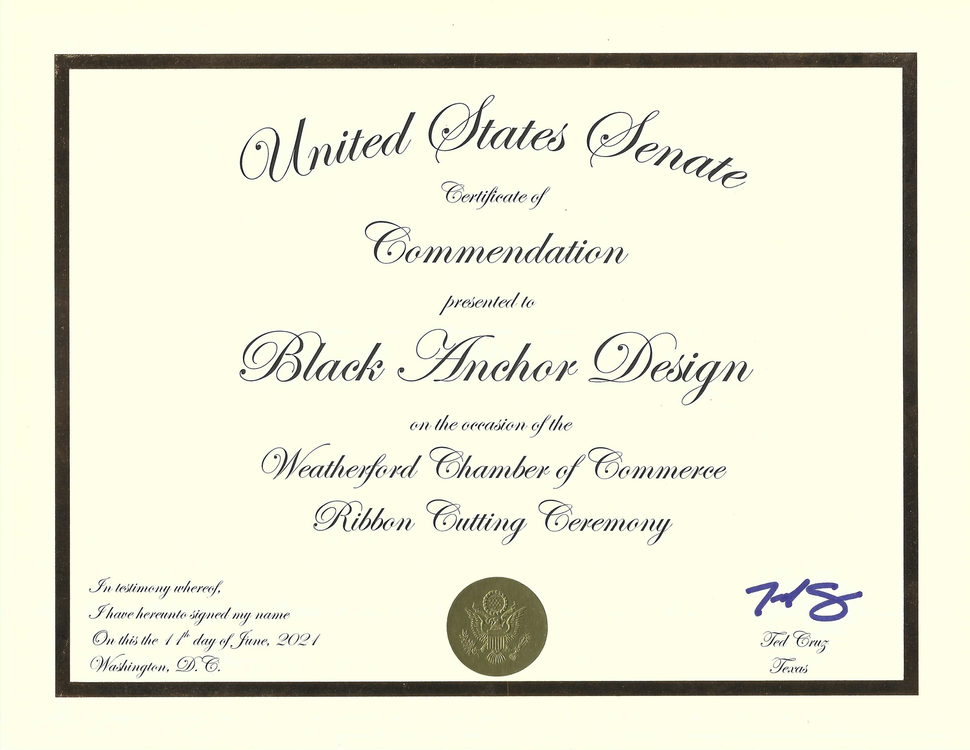 Certificate of Commendation from the U.S. Senate presented to Black Anchor Design for a ribbon cutting ceremony.