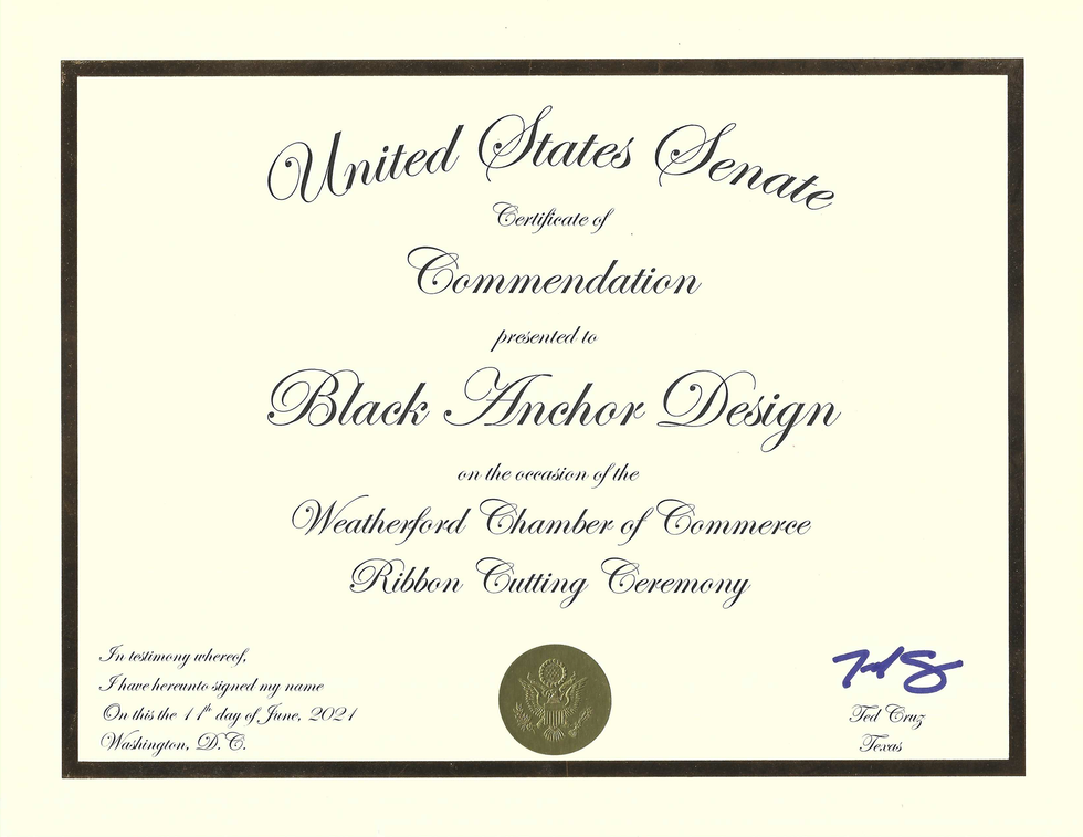 Certificate of Commendation from the U.S. Senate presented to Black Anchor Design for a ribbon cutting ceremony.
