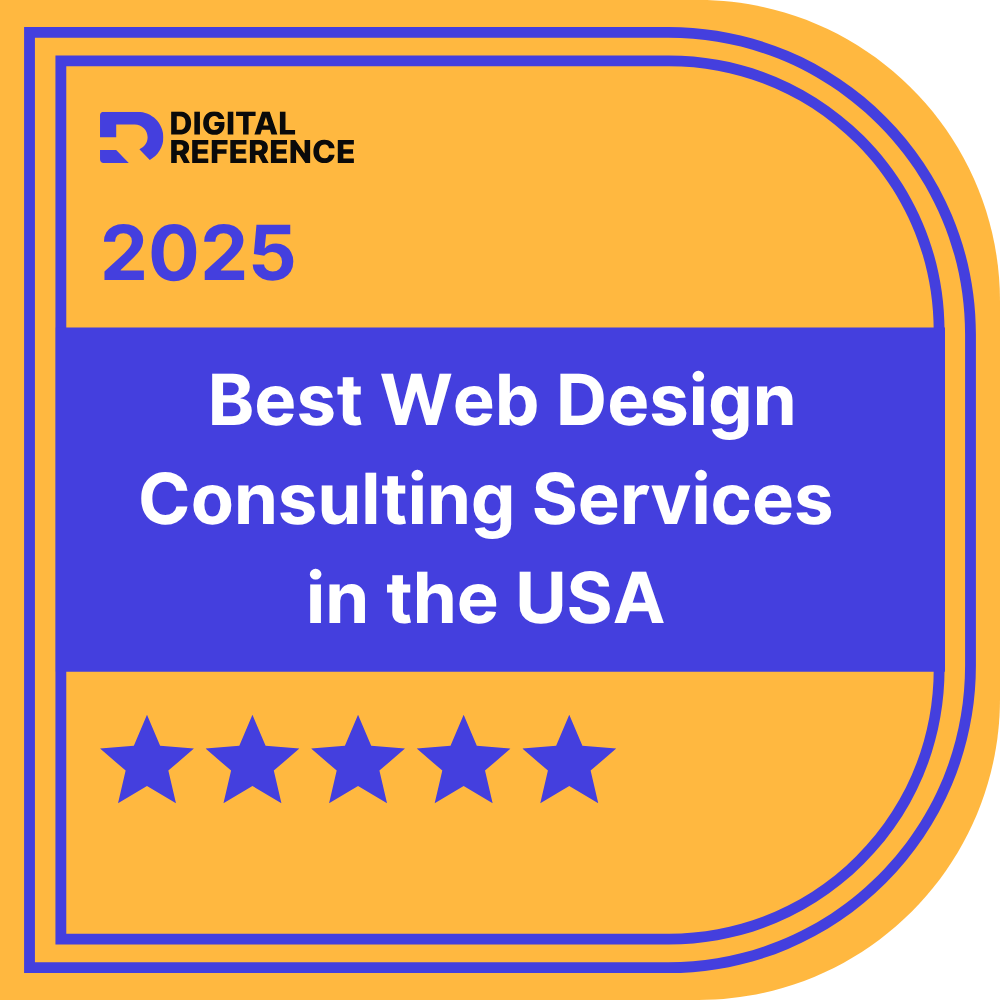 Black Anchor Design Best Web Design Consulting Services in the USA 2025. Award badge: Digital Reference, 2025, Best Web Design Consulting Services in the USA, five stars, yellow and blue.