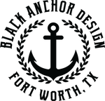 A black and white logo for black anchor design fort worth , tx.