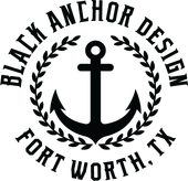 A black and white logo for black anchor design fort worth , tx.