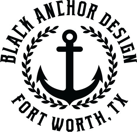 A black and white logo for black anchor design fort worth , tx.