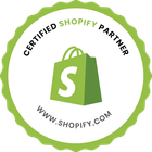 A certified shopify partner badge with a green shopping bag