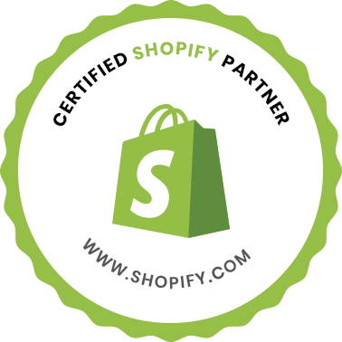 A certified shopify partner badge with a green shopping bag