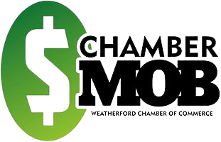 The logo for the weatherford chamber of commerce is green and black.