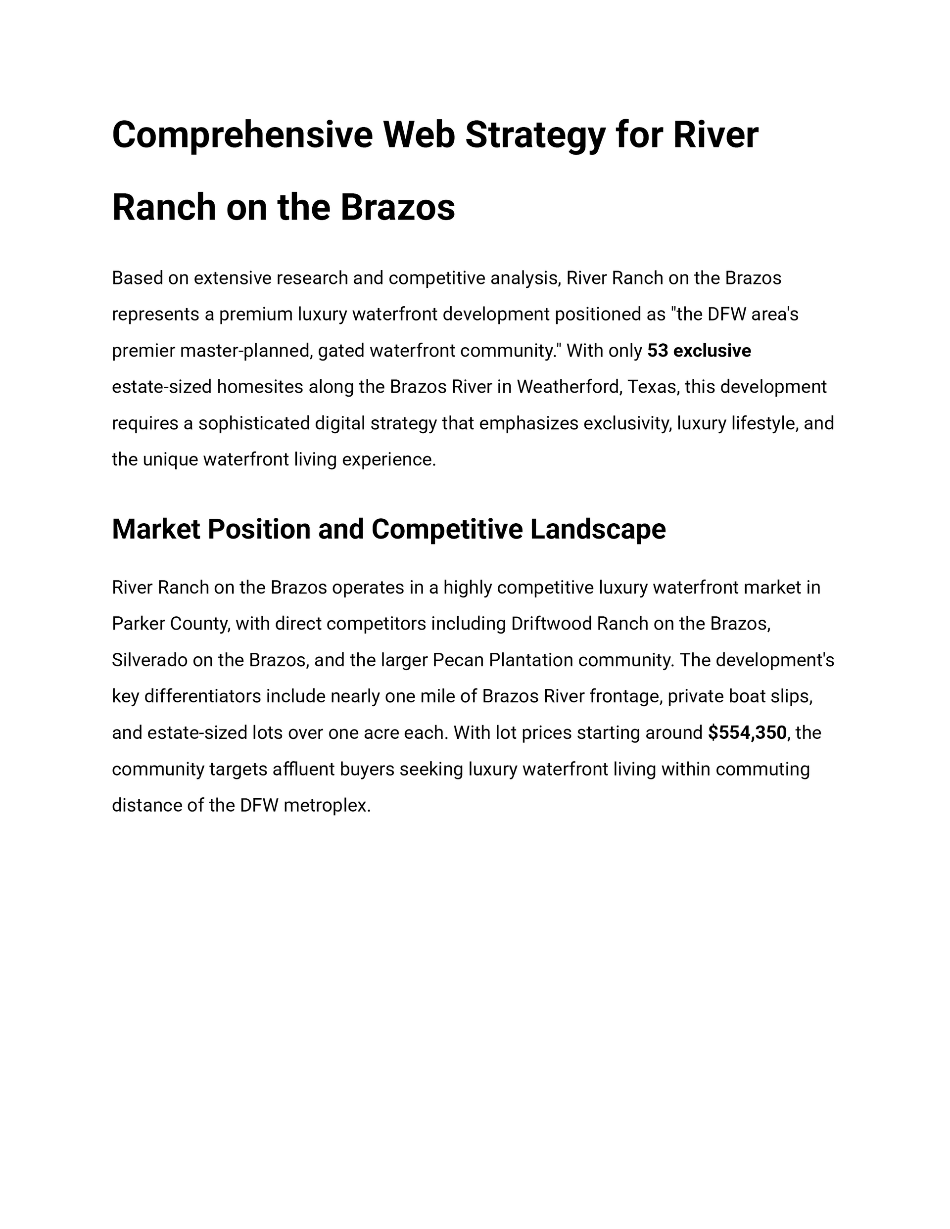 Document: Web strategy for River Ranch on the Brazos, market position analysis, and competitive landscape.