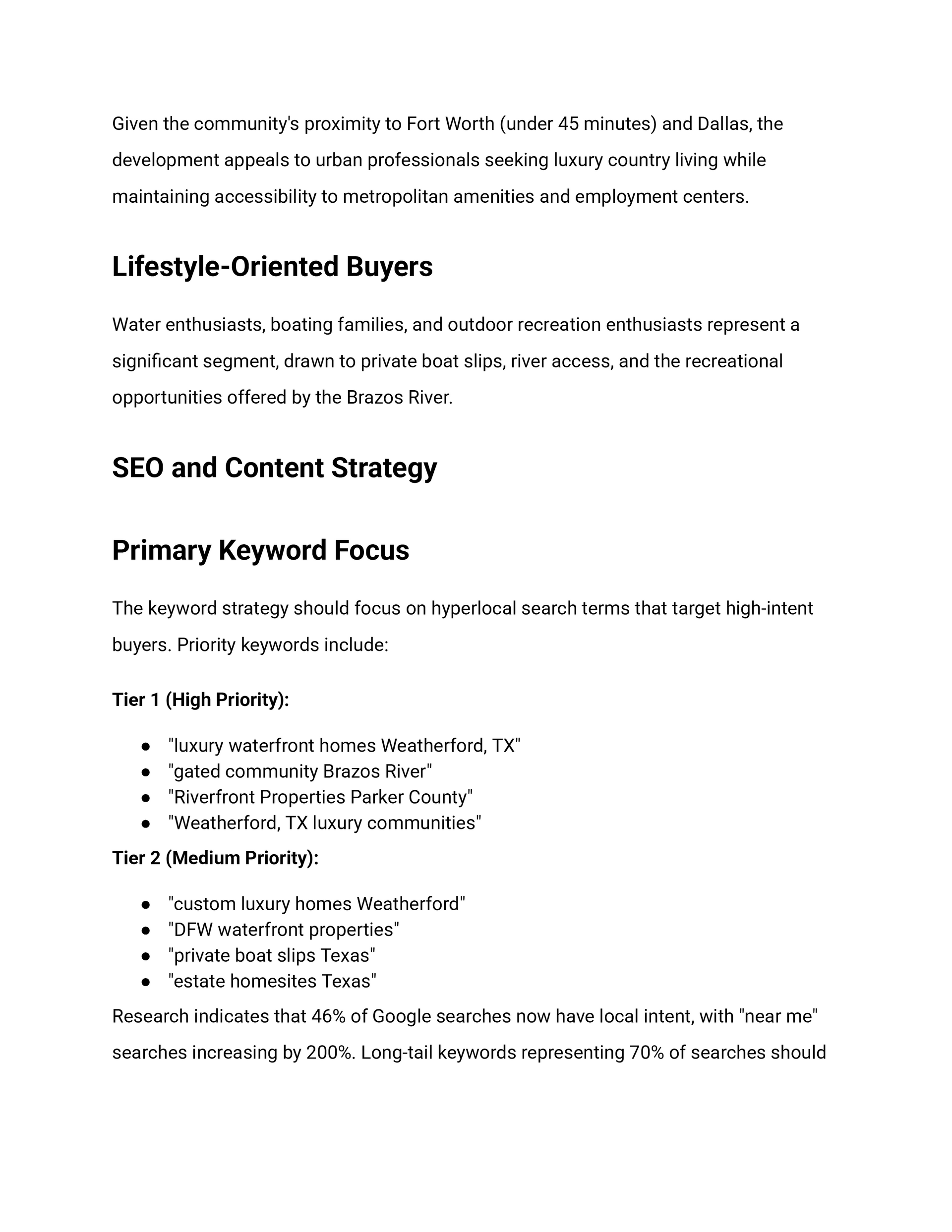 Text document detailing lifestyle-oriented buyers and SEO content strategy with primary keyword focus.