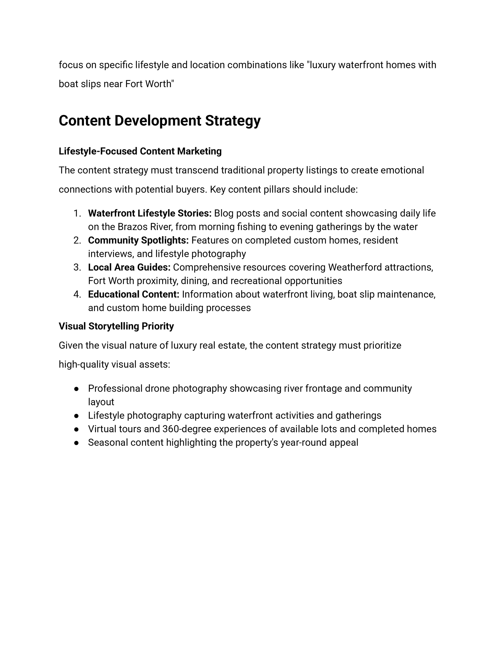Content development strategy with bulleted lists.