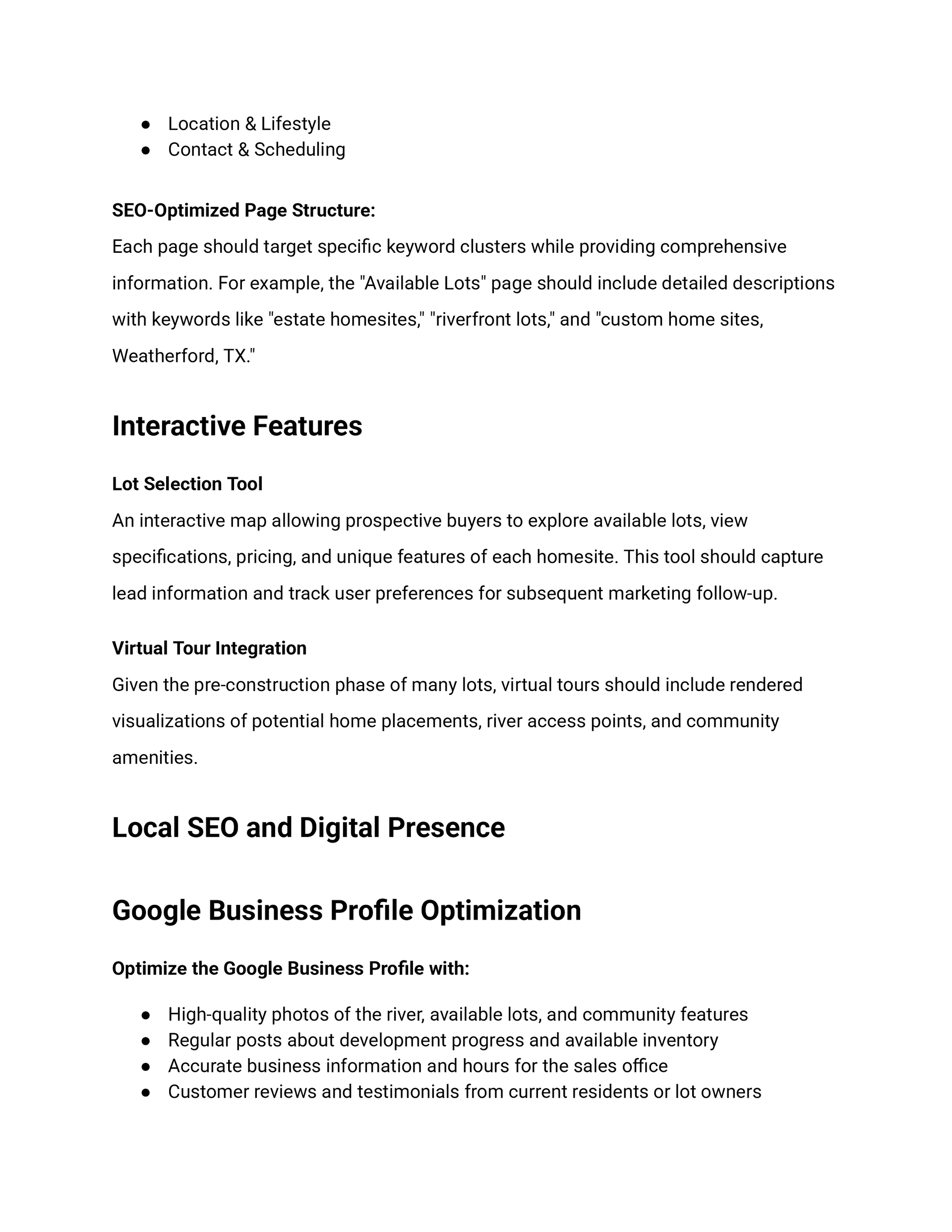 Text document outlining SEO optimized page terms, interactive features, and local SEO strategies.