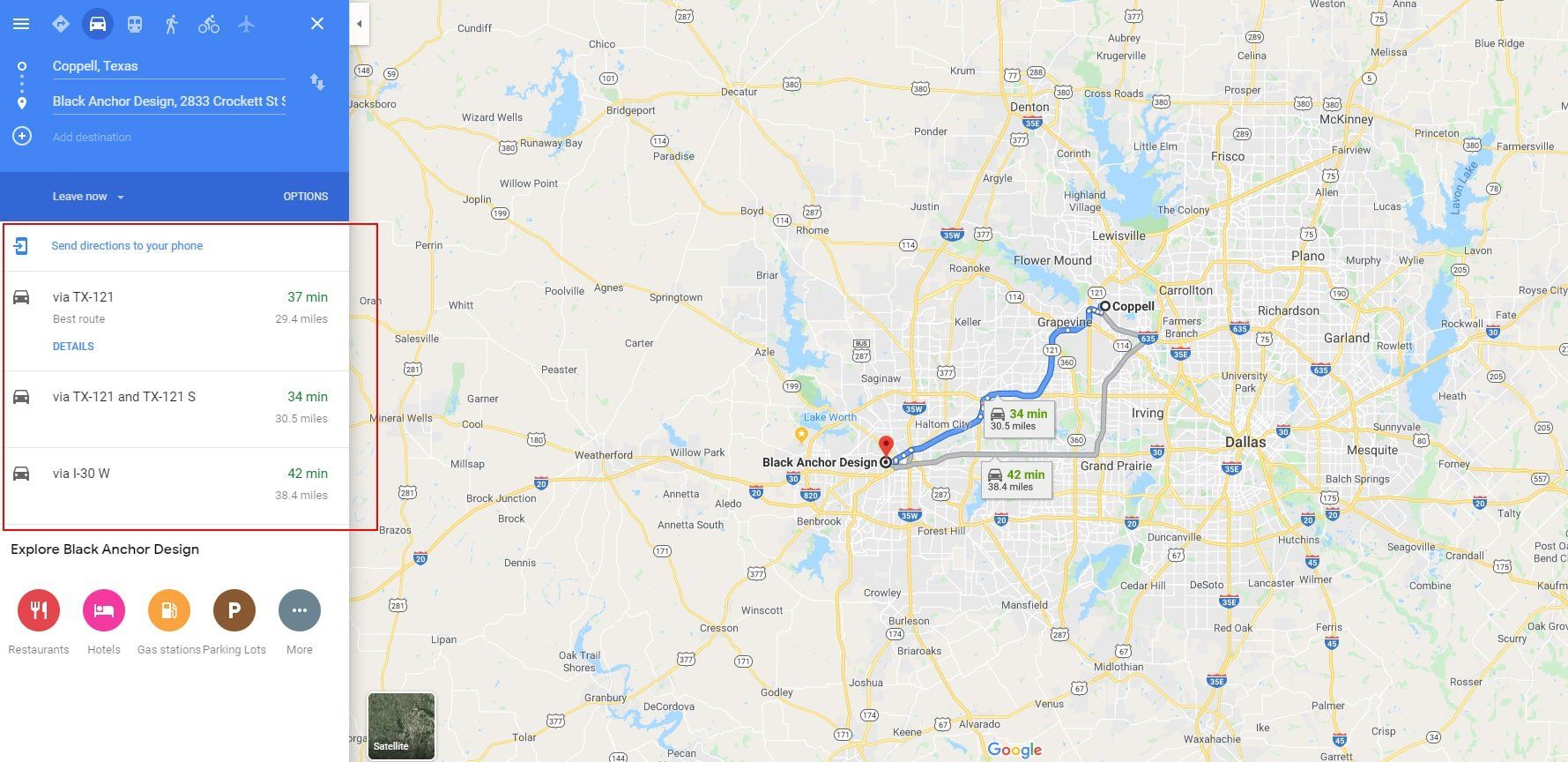 Map of Coppell to Black Anchor Design