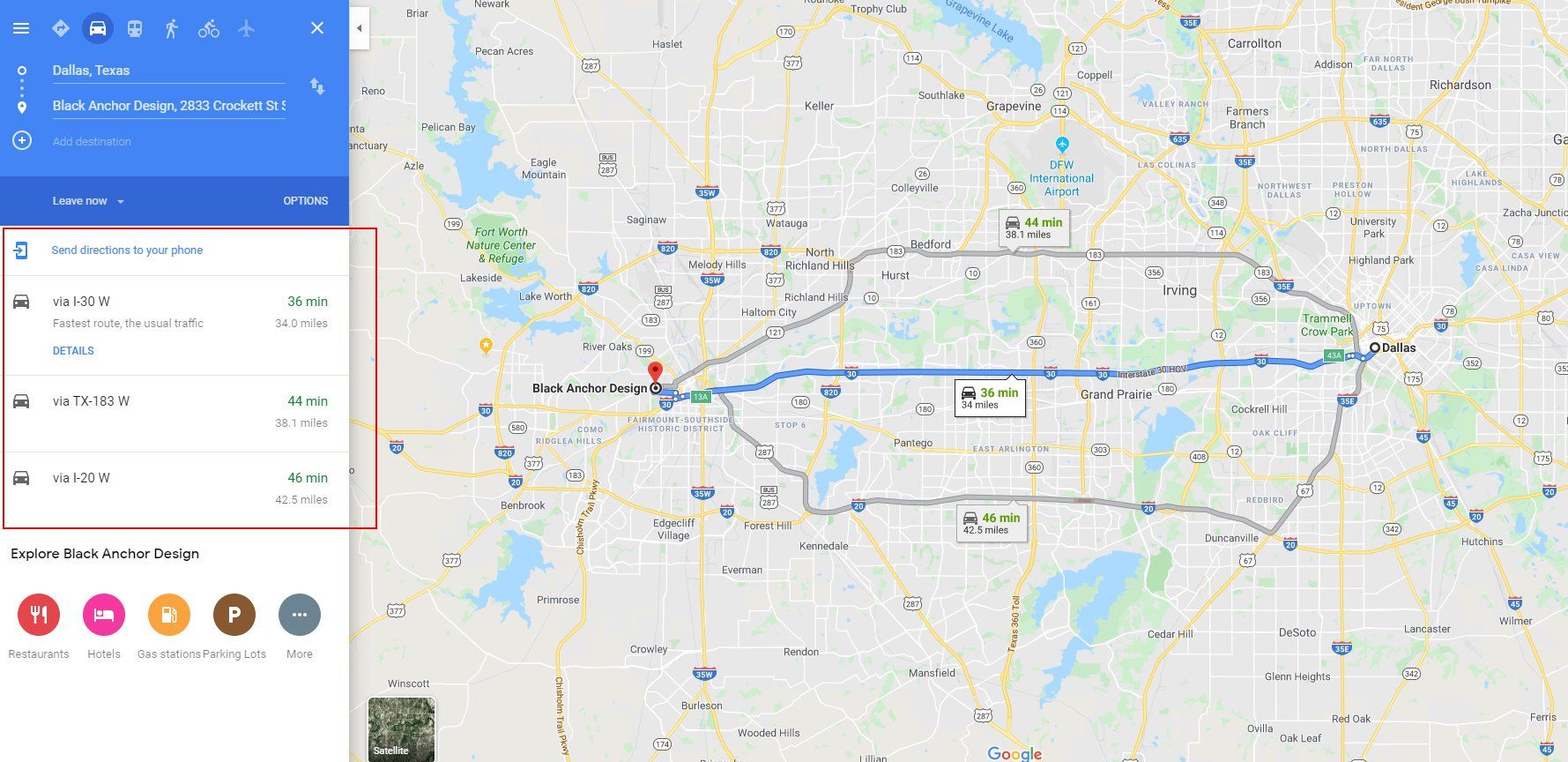 Map of Dallas to Black Anchor Design