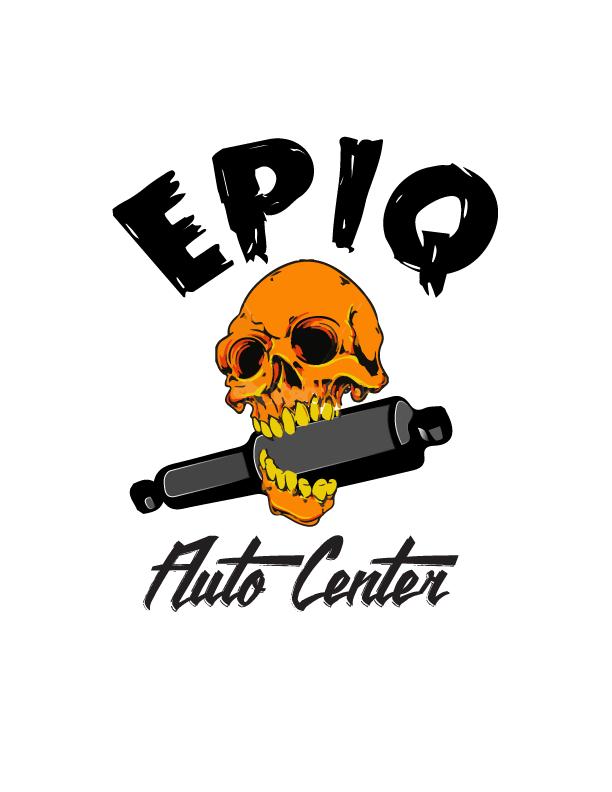 A logo for epic auto center with a skull and a shock absorber.